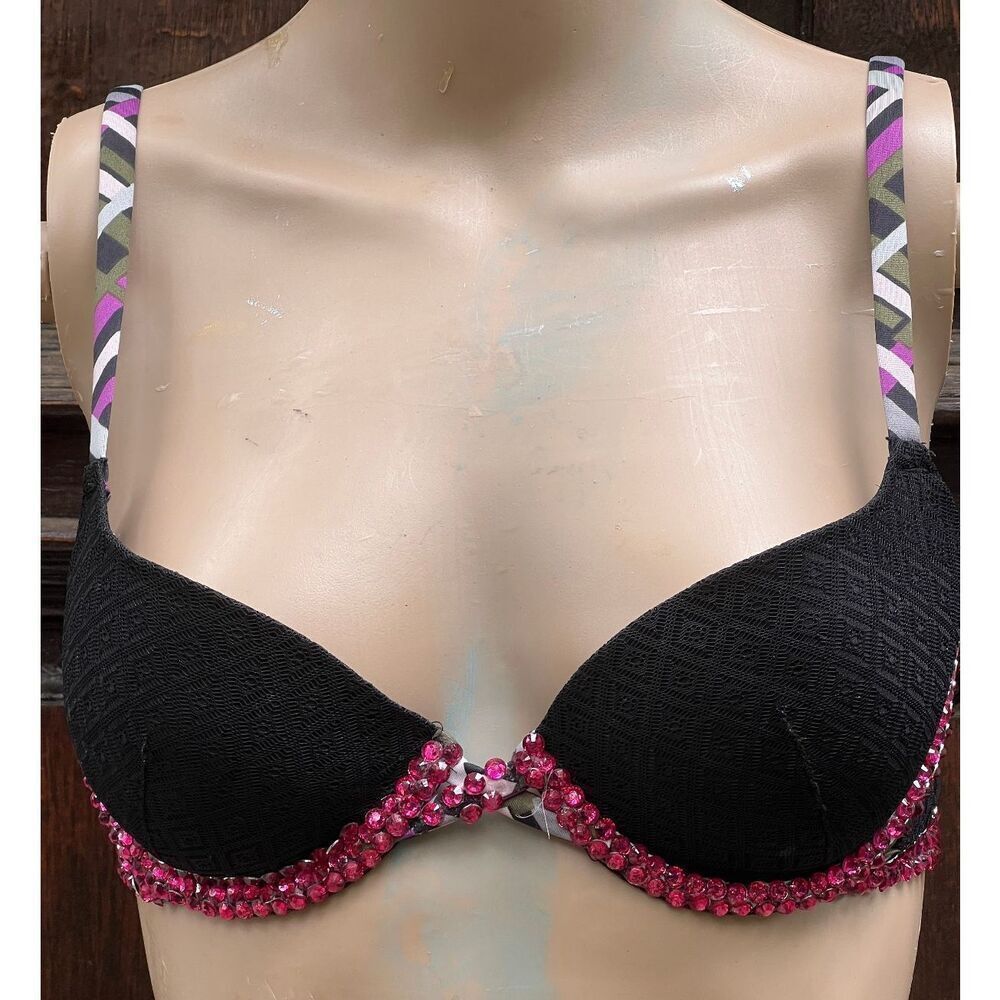 Burlesque Black Bra Pink Jewels Candie's 34B